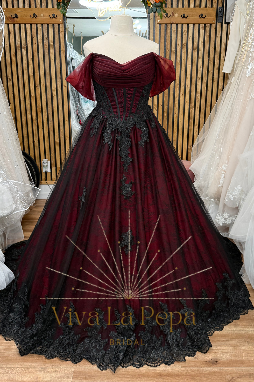 Thumbnail: Eternal Flame Alternative Black &Red Off the shoulder Ball gown wedding dress.