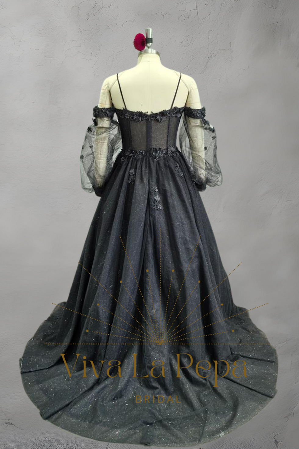 Thumbnail: Malvica Gown Alternative Black Gothic Sparkle Off the Shoulder Wedding Dress