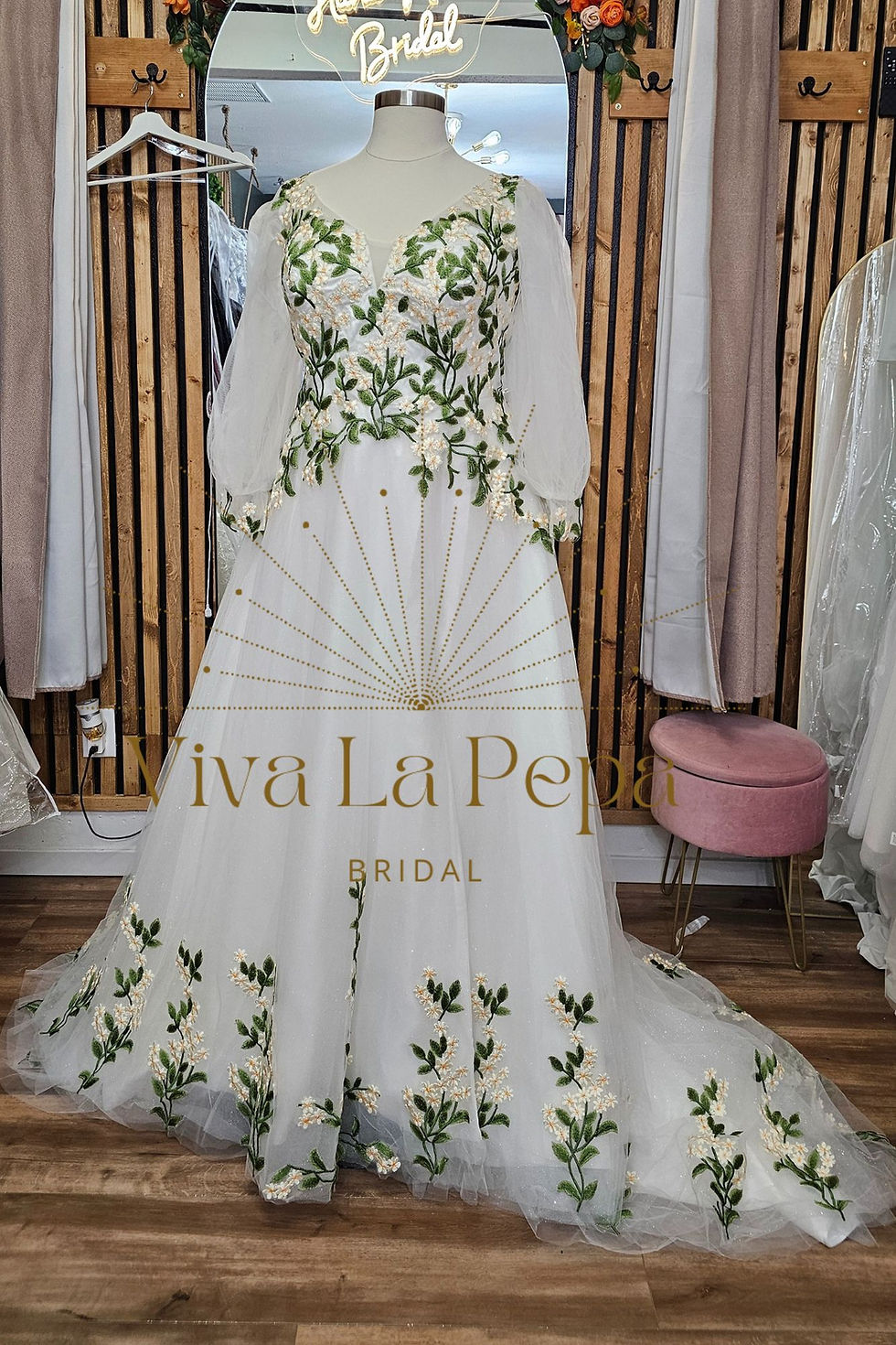 Thumbnail: Bryony Gown Floral Embroidery Detachable Long sleeves Sparkle wedding dress.