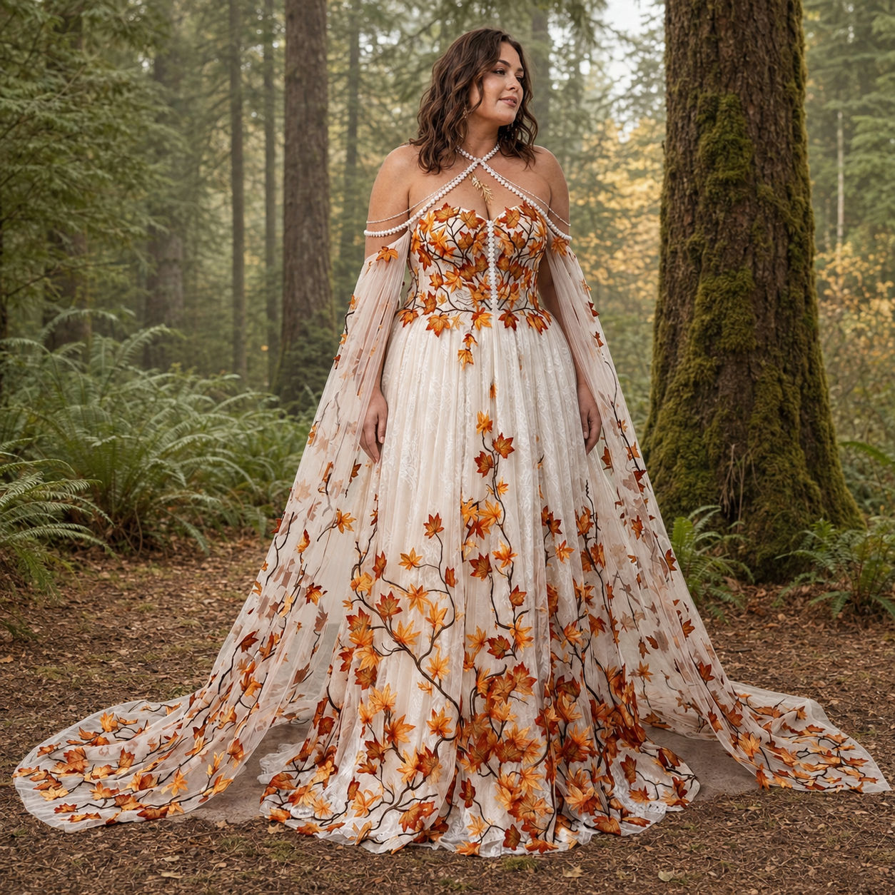 Autumn Ember Black & Orange Leaf Wedding Dress with Cape Sleeves