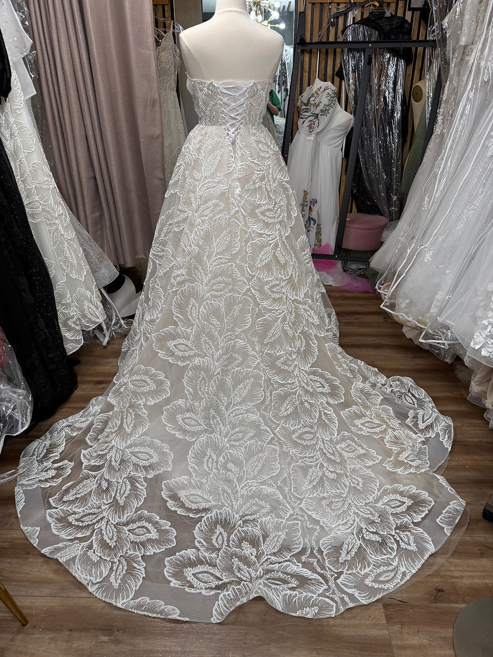 Thumbnail: Sample SALE  unique sparkle strapless A Line wedding dress. 