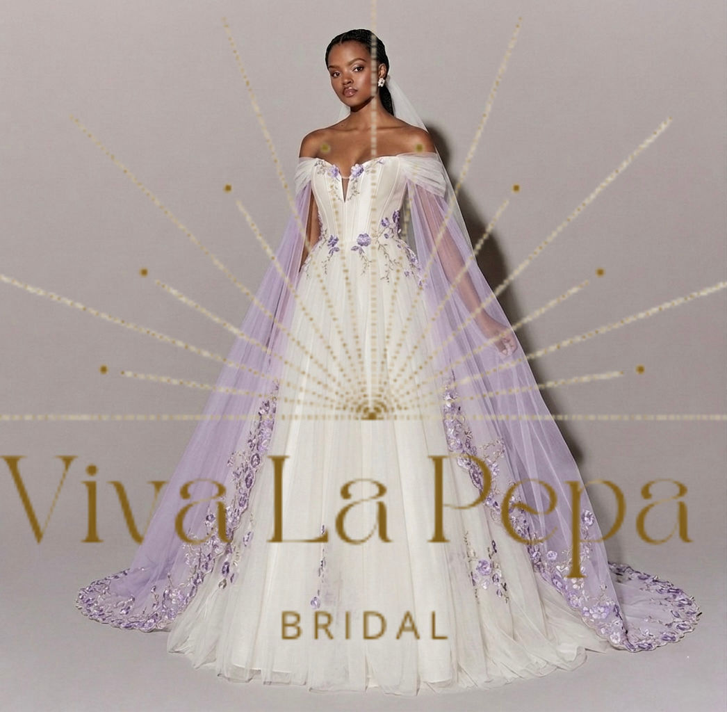Odette Gown: Ethereal Off-Shoulder Floral color Wedding Dress with Purple Cape