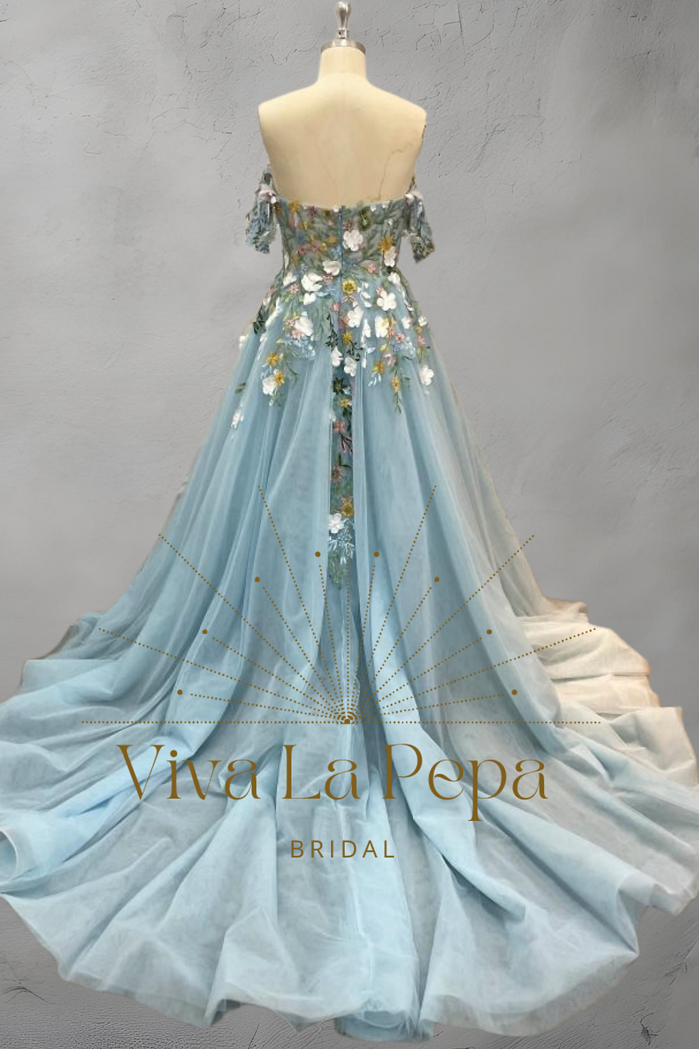 Thumbnail: CelestialGarden Floralembroidery Alternative Off the shoulder Blue wedding dress