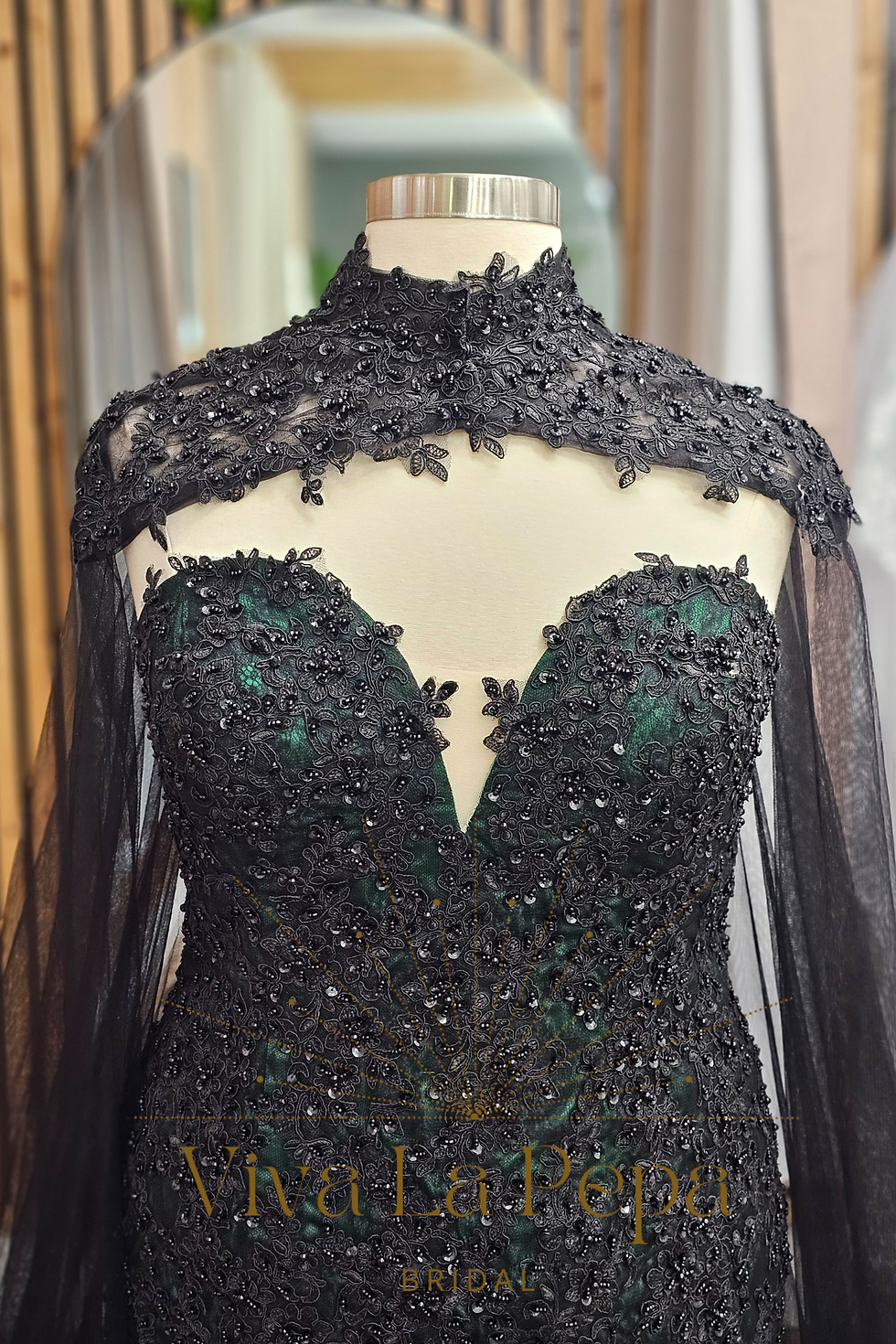 Thumbnail: Ravenna Gown Alternative Fitted Mermaid Black&Red Gothic Black CapeWedding dress