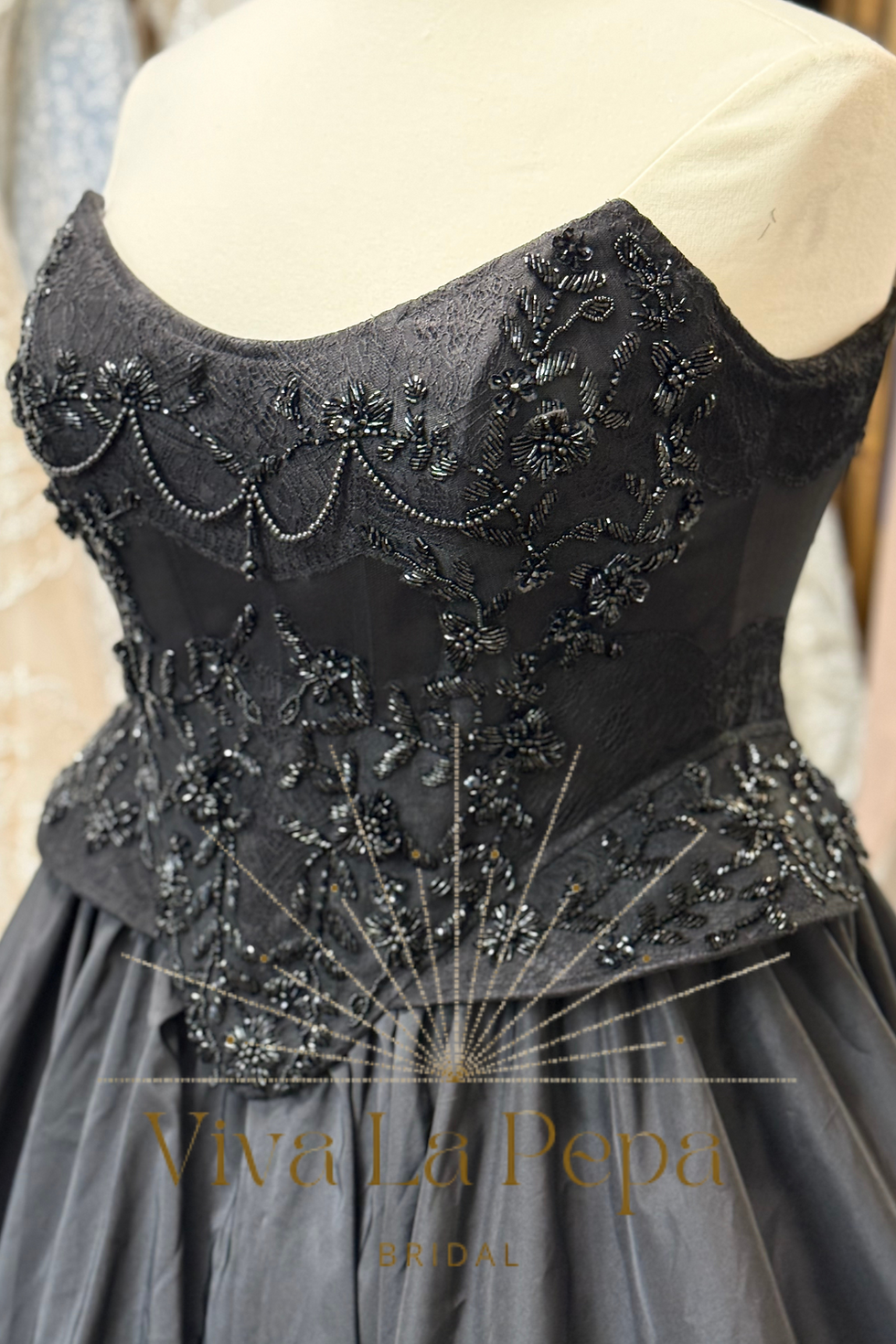 Thumbnail: Crown of the Night alternative All Black Beaded Bustier Gothic Wedding Dress.