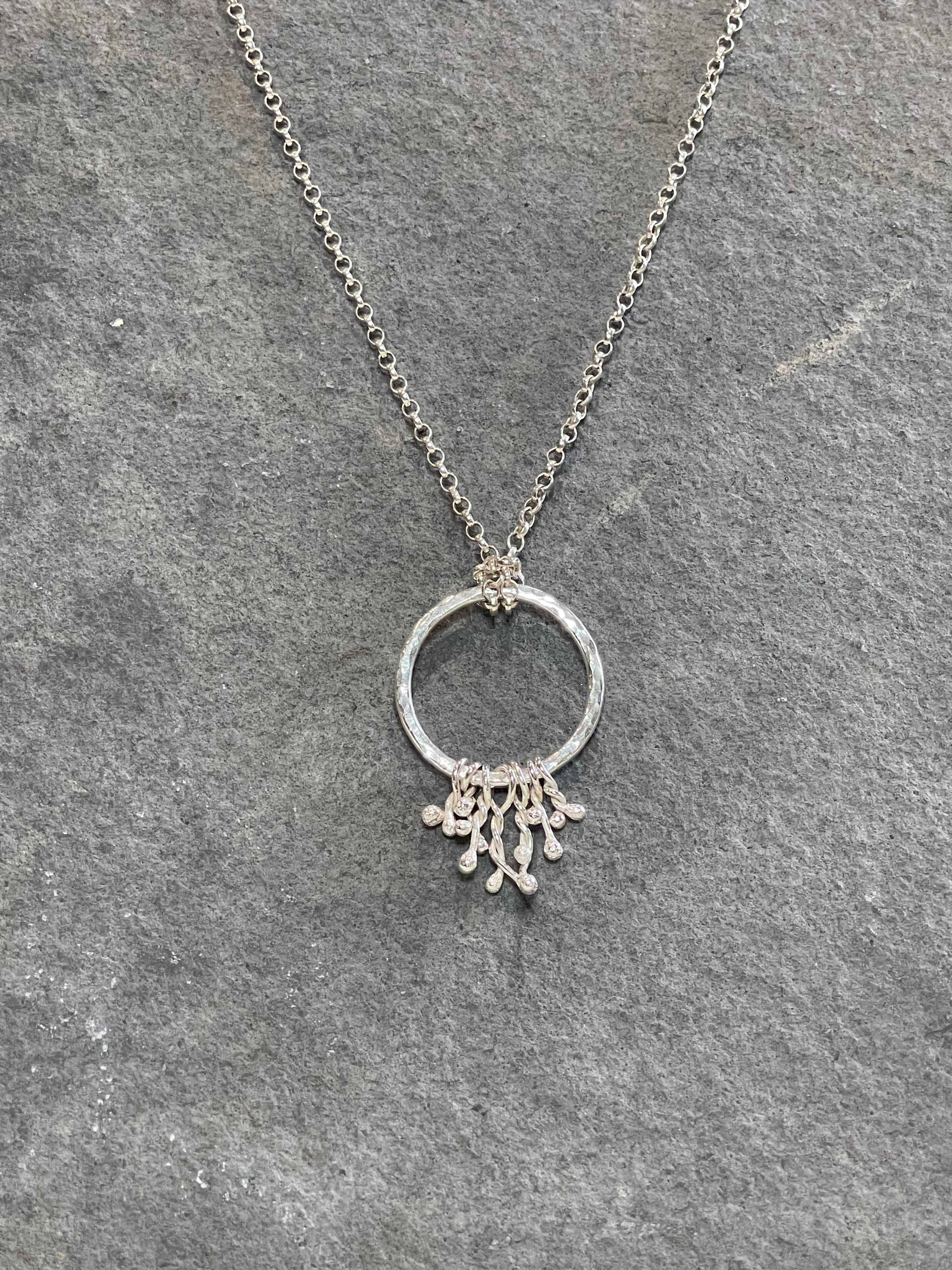 ‘Cascade’ hallmarked sterling silver handmade hoop necklace on long chain