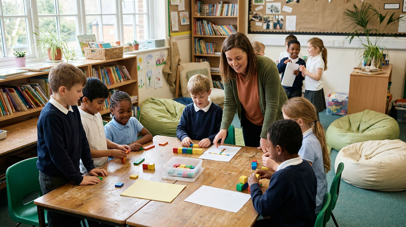 A teacher supporting a diverse group of children learning together in a bright classroom.