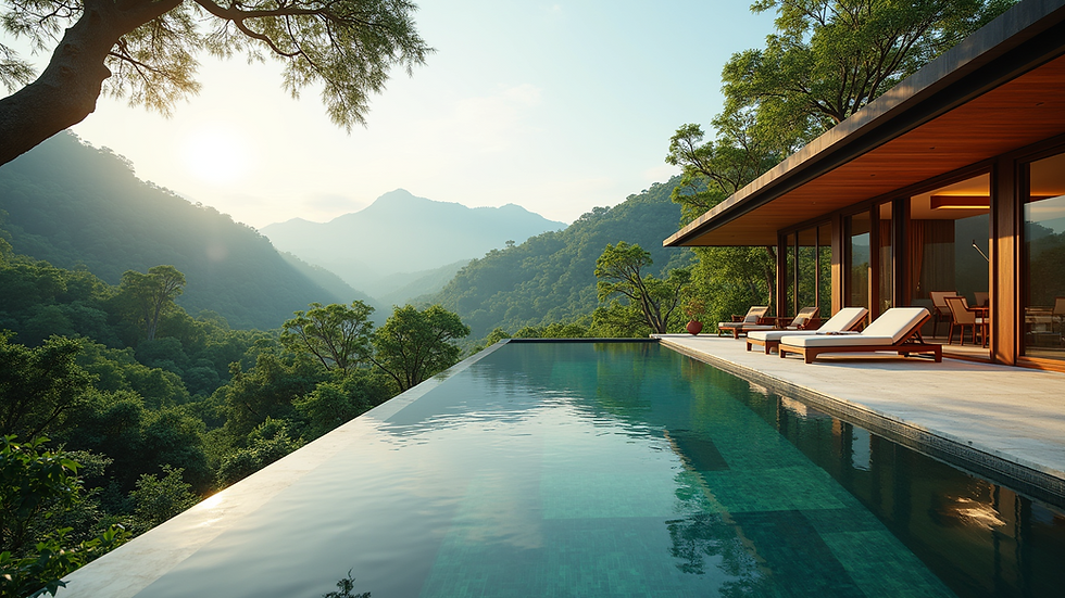 Eye-level view of a luxury villa overlooking a forested national park