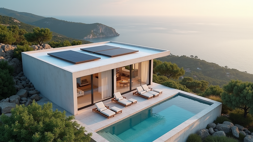 High angle view of a private villa with solar panels on the roof
