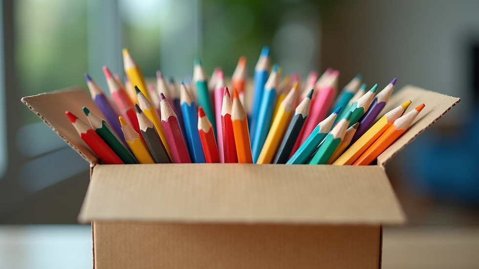 Eye-level view of a colorful school supplies donation box