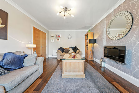 Lounge with a rug in the middle, a fireplace, sofa, a light features