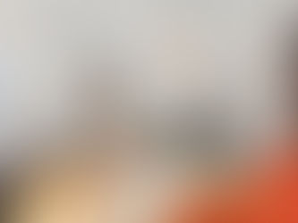 Cozy living room with orange sofa, teal chair, round rug, and fireplace. Hanging plant by a window, warm light fixture overhead.