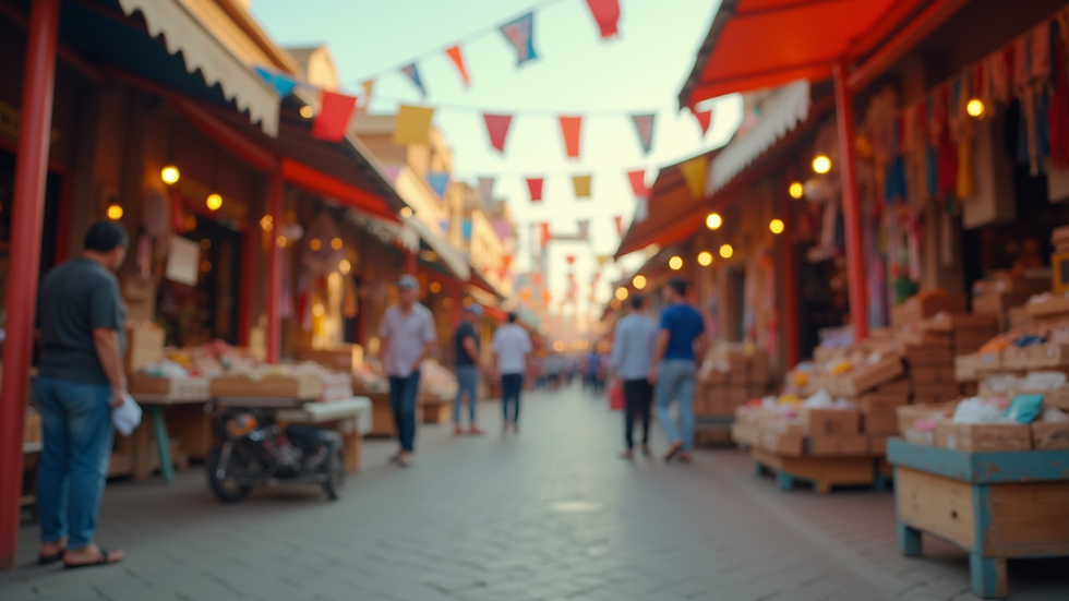 Eye-level view of a vibrant outdoor market with colorful banners
