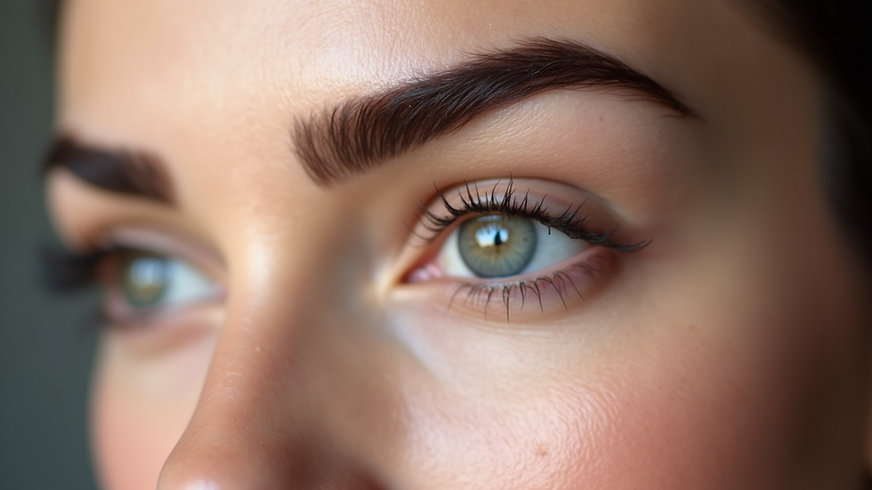 Close-up view of a beautifully shaped eyebrow with powder brows