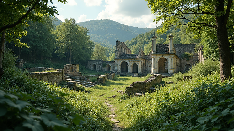 Wide angle view of ancient ruins surrounded by lush greenery