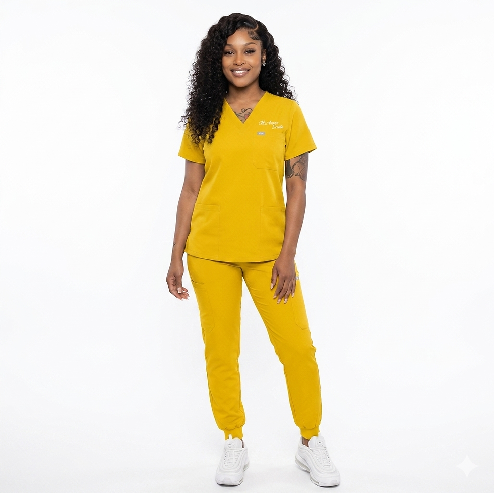 A lady wearing yellow scrubs