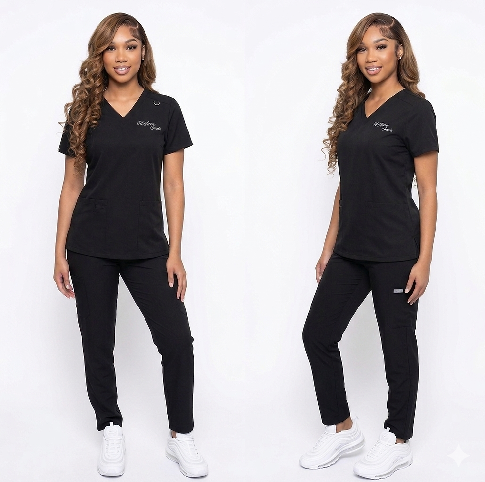 A lady wearing black scrubs