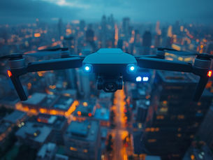 A sleek drone flying over a cityscape, capturing vibrant images of businesses and landmarks.