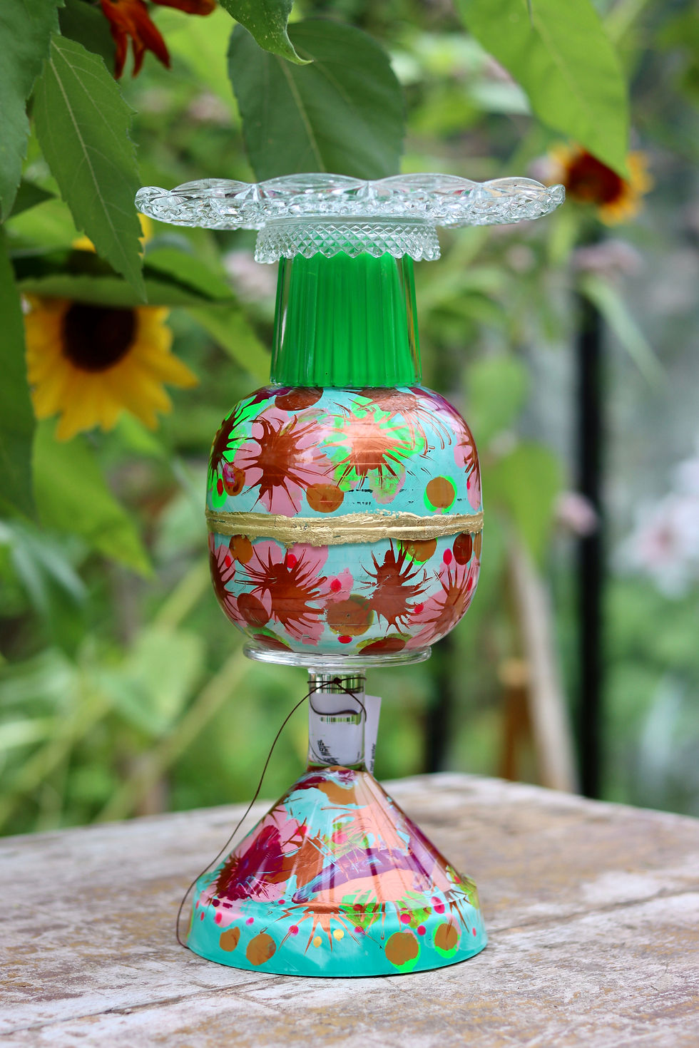 Ans Bakker - Handbeschilderde kandelaar - Groen, roze
