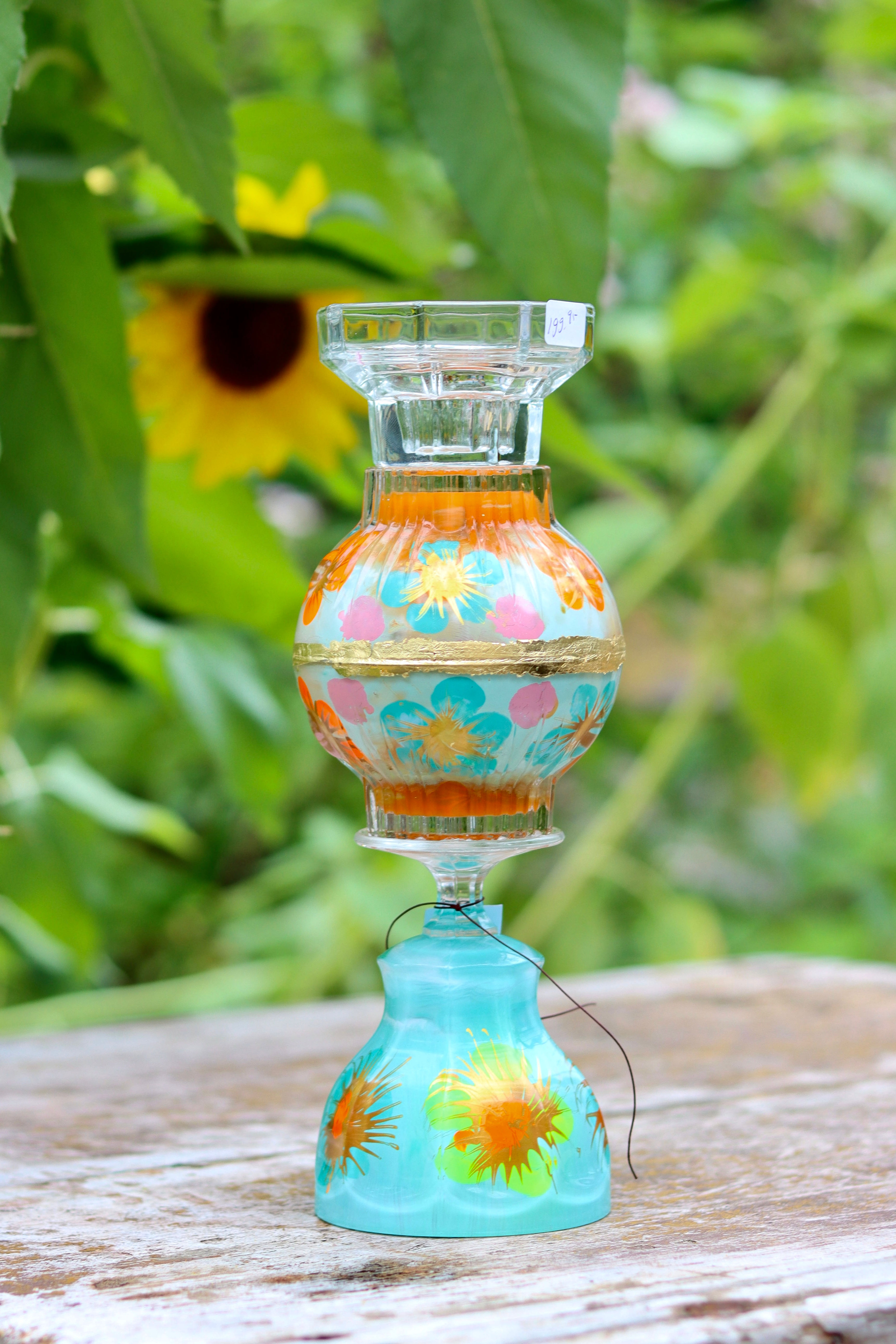 Ans Bakker - Handbeschilderde kandelaar - Blauw, oranje