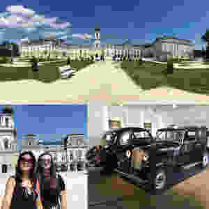Collage with Festetics Palace, two girls outside it and ten some old cars