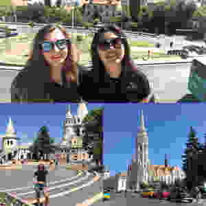 Collage with two girl in Pest with a church in the background.