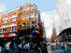 Outside a London pub with rainbow balloons