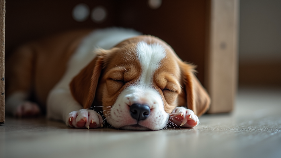 Eye-level view of a cozy puppy sleeping in a crate