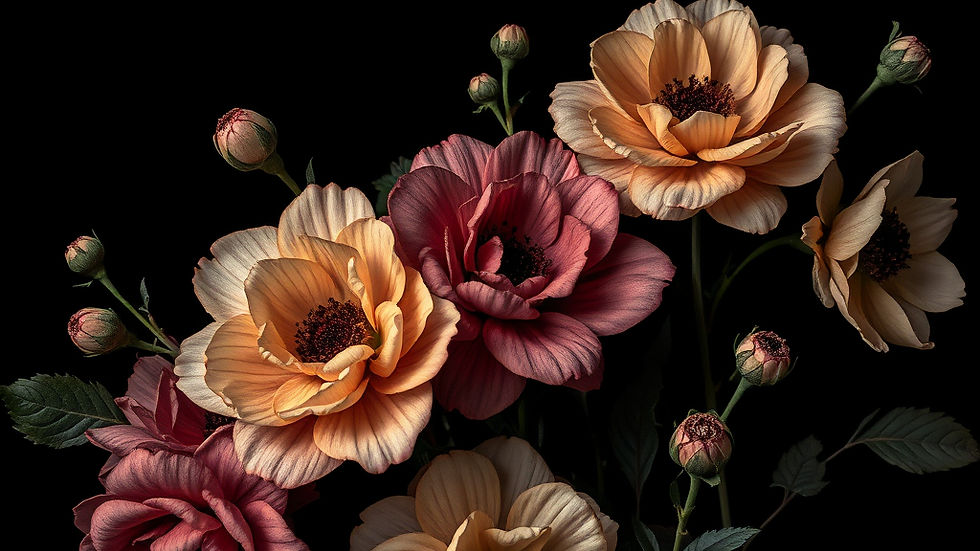 a black background, with old vintage flowers and a dark moody colors, needs to be for a ba