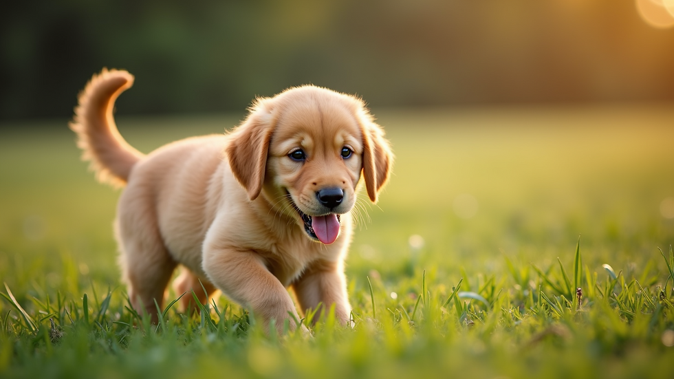 High angle view of a golden retriever puppy playing in a grassy field