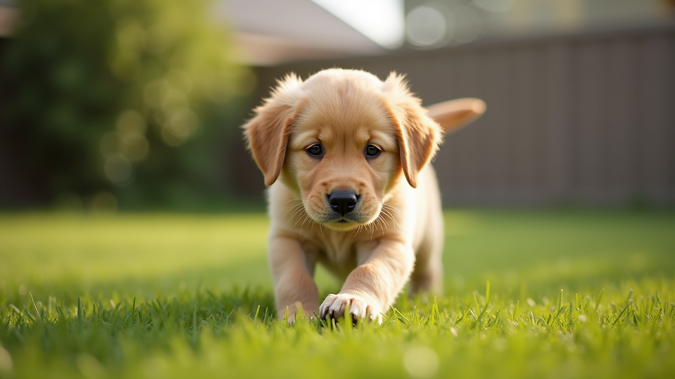 Eye-level view of a Golden Retriever puppy playing in a grassy yard
