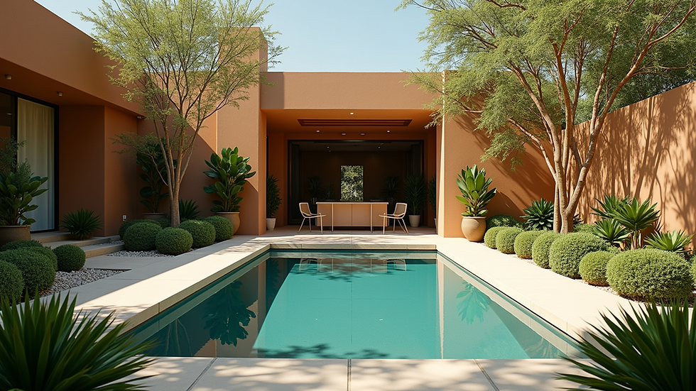 High angle view of a backyard with a small pool surrounded by lush plants