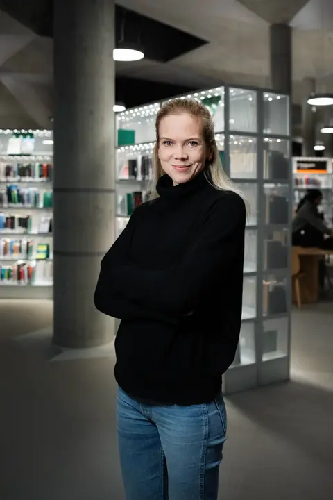 Portrait of Norwegian actress, Ane Dahl Torp, in the Deichman library in Oslo.