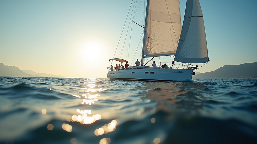 Eye-level view of a sailing yacht navigating calm waters