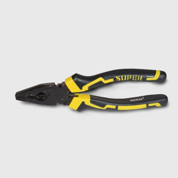 Super pliers with yellow handles next to a soldering iron stand.