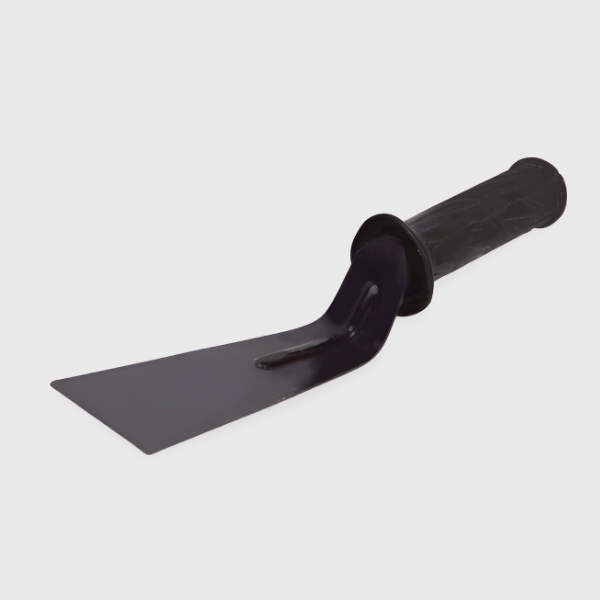 A gardening khurpa, a small handheld tool with a curved blade, used for digging and weeding in gardens.