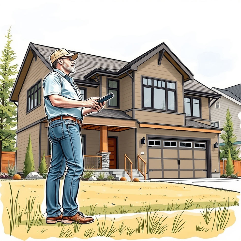 An illustration of a property manager conducting a thorough physical maintenance check on a modern two-story craftsman home