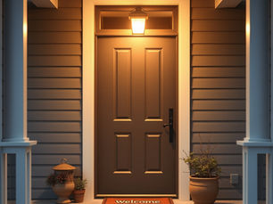 A warm, well-lit front porch of a home at dusk. A brown four-panel front door sits under a glowing overhead light, flanked by white porch columns and horizontal siding. A "Welcome" mat sits at the threshold, surrounded by potted plants and an ornamental lantern.