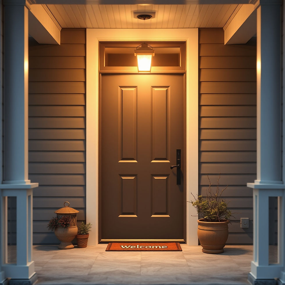 A warm, well-lit front porch of a home at dusk. A brown four-panel front door sits under a glowing overhead light, flanked by white porch columns and horizontal siding. A "Welcome" mat sits at the threshold, surrounded by potted plants and an ornamental lantern.