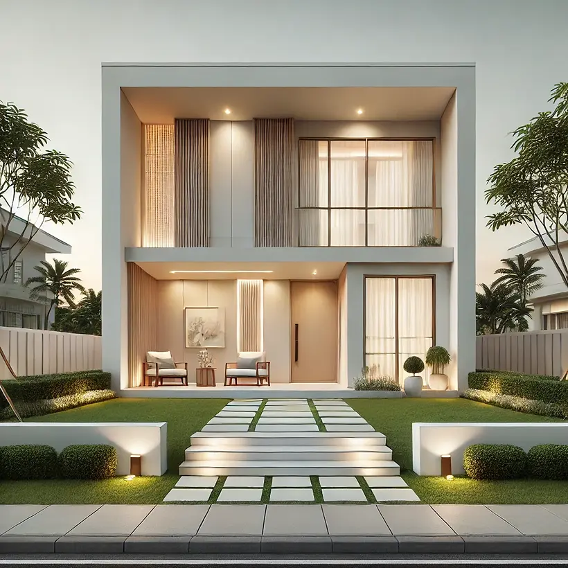 DALL·E 2024-12-02 13.54.48 - A modern house exterior designed with a tranquil and elegant