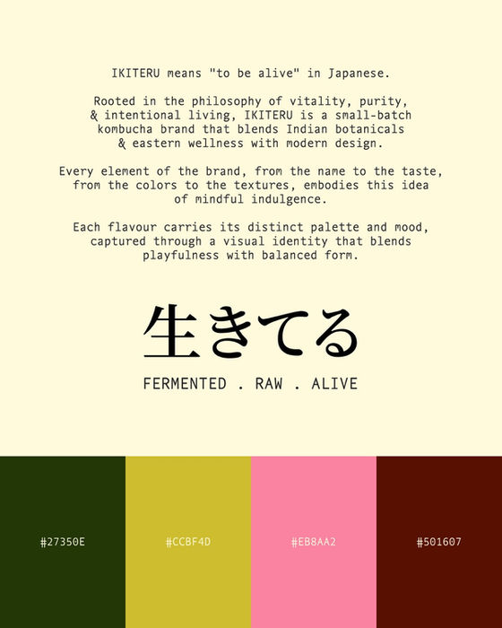 Ikiteru means "to be alive" in Japanese, and that feeling is exactly what I set out to capture through the visual identity. A concept branding project in collaboration with Minus Monotony! 
© Jasjyot Bhogal 2025. All rights reserved.
Not licensed for AI training, dataset use, or machine learning. All materials are the exclusive property of the artist and may not be copied, reproduced, modified, distributed, or used for any purpose without explicit permission.