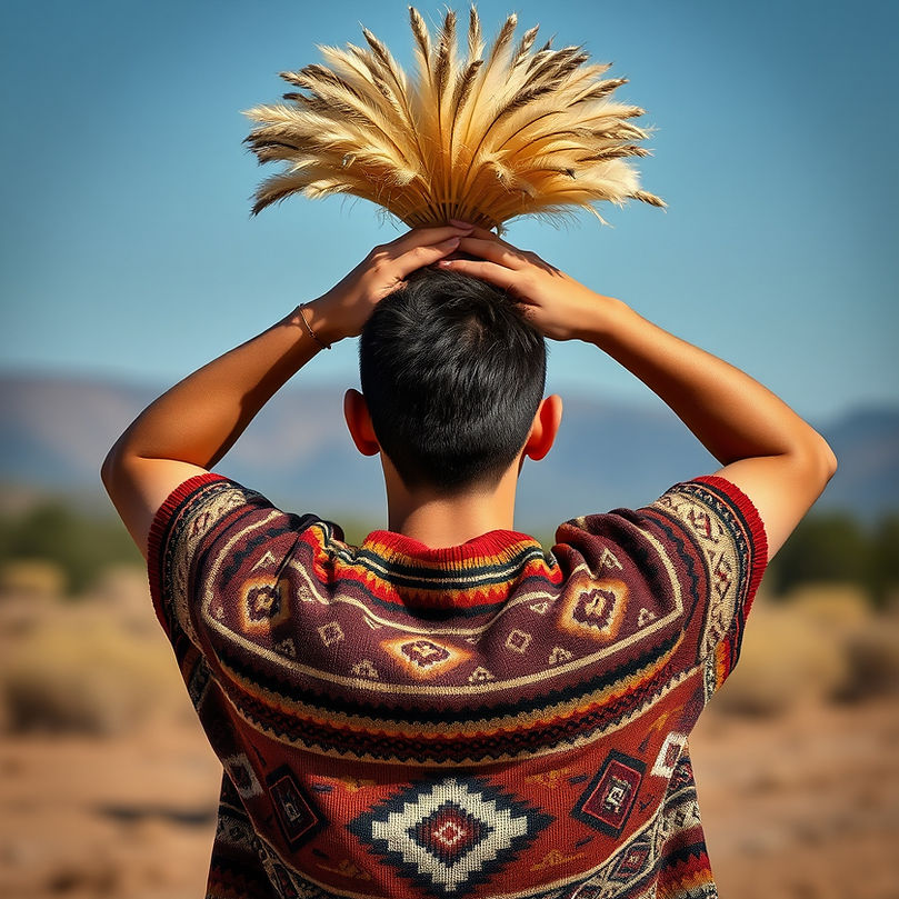 A young man with his back turned holding up a beautiful tumbleweed above his head with bo