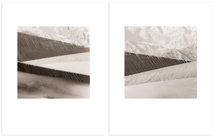 Sand formations stirred up by wind, revealing triangular, geometric layers on slip faces of traverse dunes. Death Valley National Park, California. Diptych.