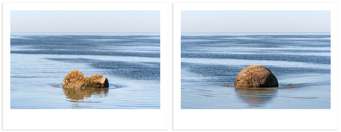 Photomontage of New Zealand’s Moeraki boulders on shimmering blue water of Adriatic Sea. Diptych.
