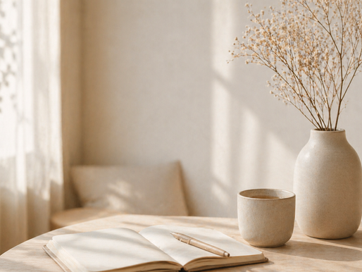 Nature morte minimaliste baignée de lumière douce : un carnet ouvert, une tasse et un vase avec des fleurs séchées sur une table, dans une ambiance calme et apaisée.