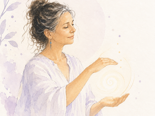 Illustration à l’aquarelle d’une femme tenant ses mains autour d’une lumière douce, évoquant le ressenti de l’énergie et la pratique du Reiki.