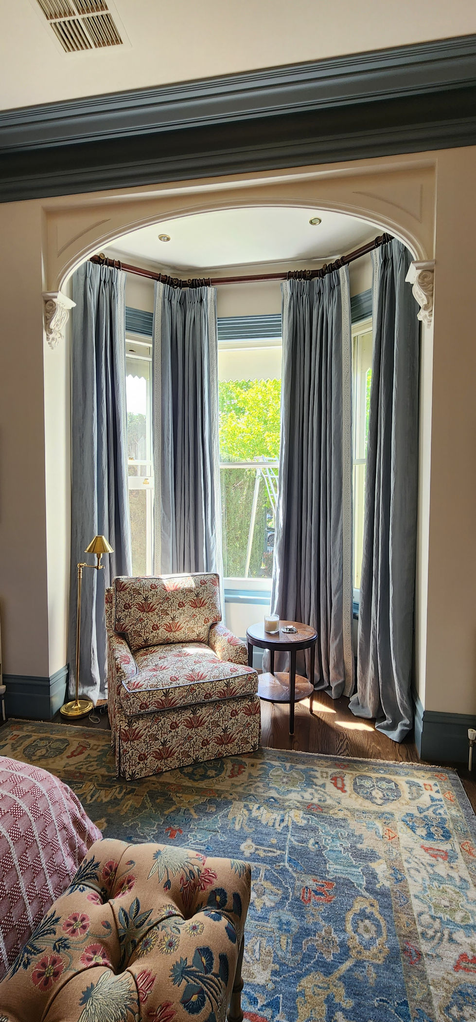 These beautiful Curtains are made in the Warwick Linen , Linesta Colour Duckegg. We placed a gorgeous trim detail on all the leading edges. Existing Ornate timber rods and rings were used to keep the traditional feeling of this room.