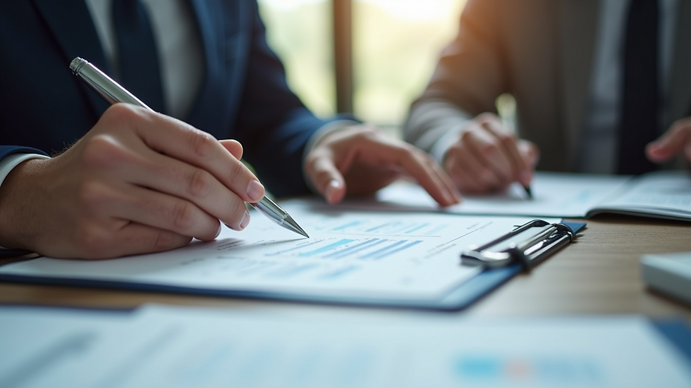 Eye-level view of a tax consultant reviewing documents with a client