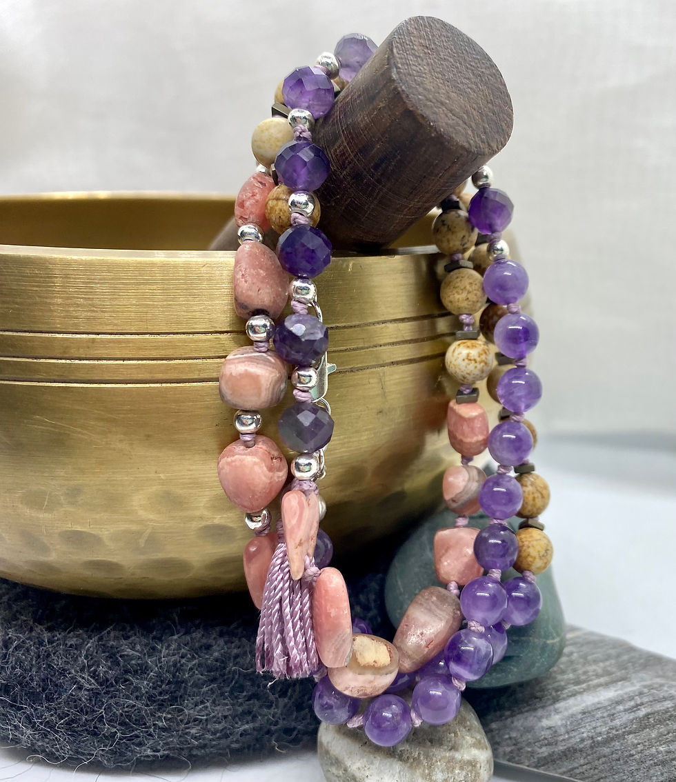Thumbnail: Handtied silk bracelet - necklace | Amethyst, Rhodochrosite, Jasper, 925 Silver