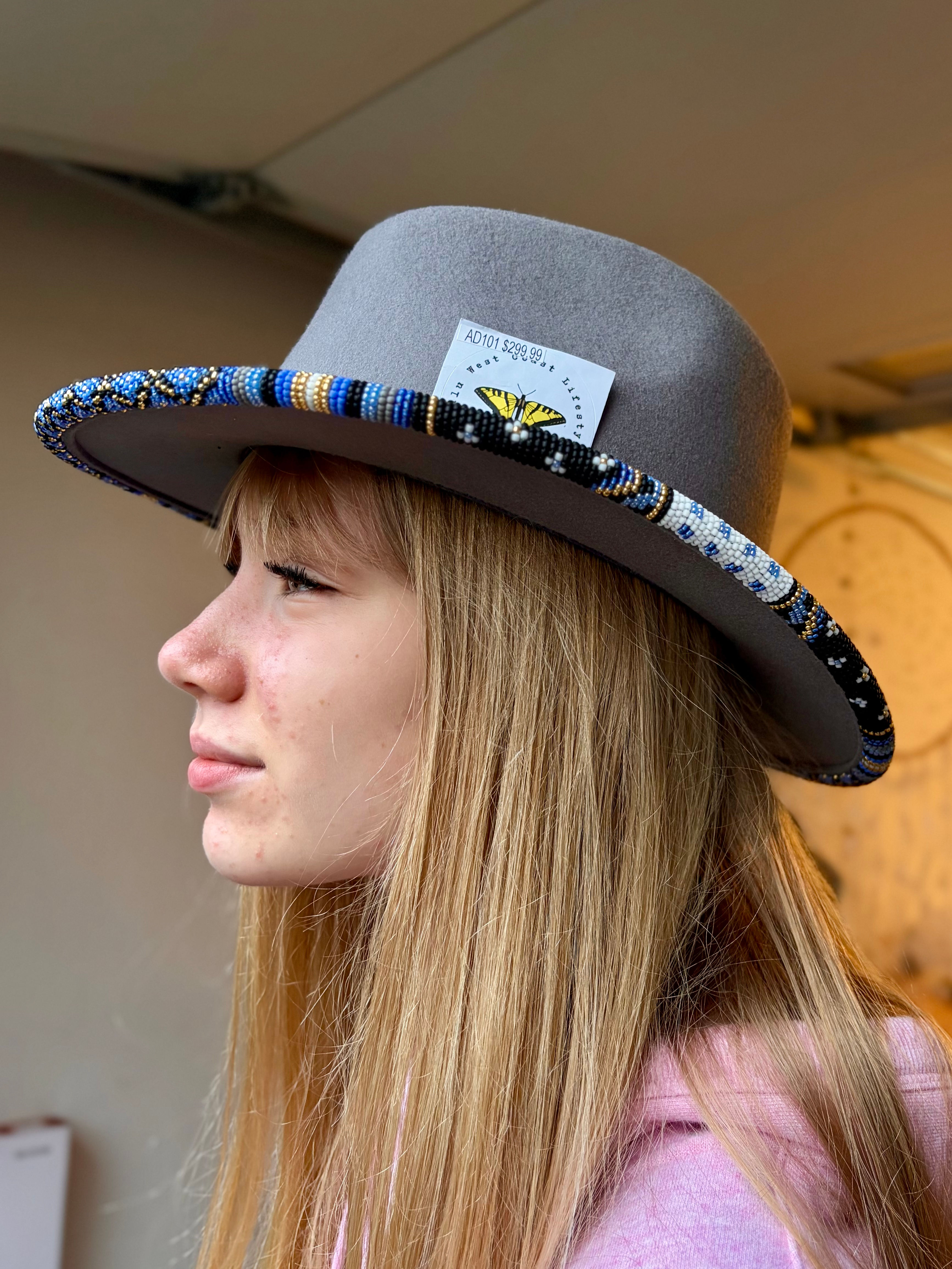 Indigo Blue Custom Beaded | 100% Felted Wool Hat | Grey | 57cm